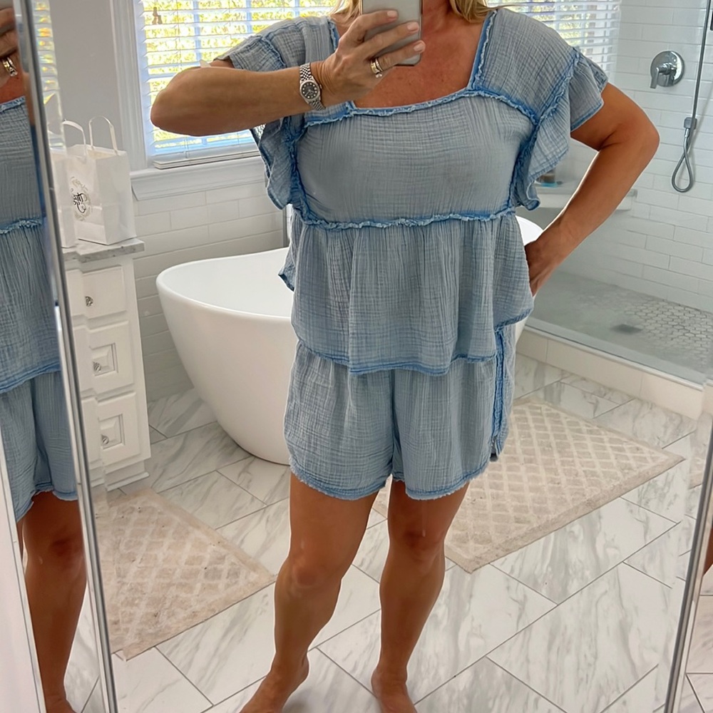 Super soft baby doll Anthropology two-piece short set with ragged seams